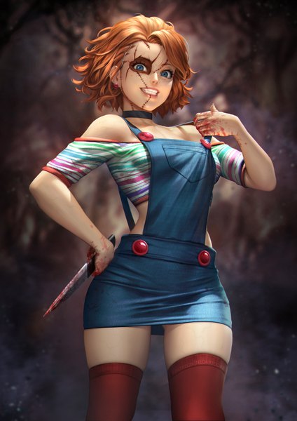 Anime-Bild 2480x3508 mit child's play chucky nudtawut thongmai single tall image looking at viewer fringe highres short hair blue eyes smile brown hair standing bare shoulders holding blurry realistic off shoulder hand on hip grin