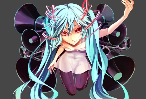 Anime picture 1251x852 with vocaloid hatsune miku macco (artist) single looking at viewer simple background smile hair between eyes red eyes twintails very long hair aqua hair grey background flat chest girl dress ribbon (ribbons) hair ribbon white dress sundress