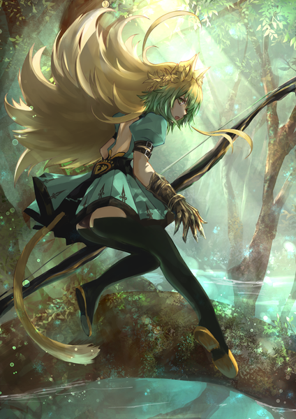 Anime picture 1447x2047 with fate (series) fate/grand order fate/apocrypha pixiv fate/grand order contest 2 atalanta (fate) kaze minoru so-ru single long hair tall image looking at viewer fringe light erotic blonde hair green eyes animal ears full body outdoors tail animal tail profile