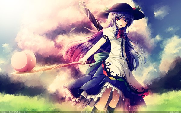 Anime picture 1920x1200 with touhou hinanawi tenshi roberto-miak single long hair highres red eyes wide image blue hair cloud (clouds) pink eyes girl dress hat sword peach