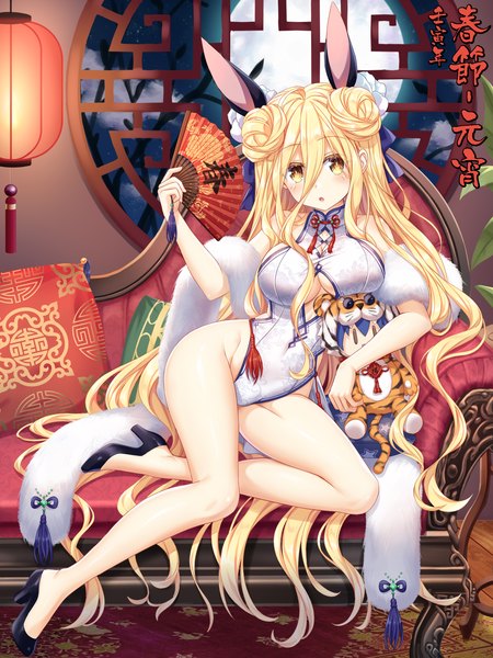 Anime picture 1200x1600 with date a live hoshimiya mukuro tsubasaki single tall image fringe breasts light erotic blonde hair hair between eyes large breasts animal ears yellow eyes very long hair parted lips bunny ears legs covered navel cleavage cutout reclining