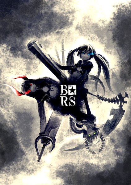 Anime picture 2894x4093 with black rock shooter black rock shooter (character) dead master black gold saw kio naoki (artist) long hair tall image highres blue eyes black hair twintails multiple girls very long hair horn (horns) midriff glowing glowing eye (eyes) girl gloves weapon