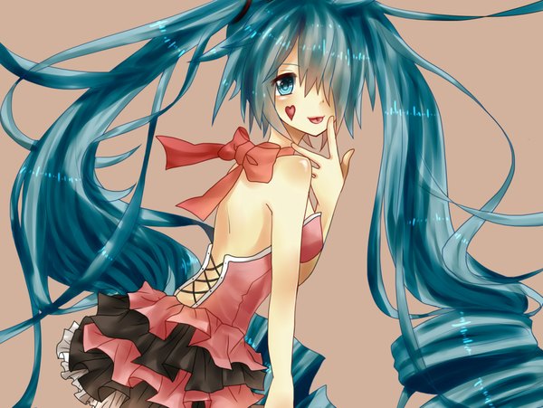 Anime picture 2225x1676 with vocaloid hatsune miku fringe highres blue eyes bare shoulders blue hair very long hair hair over one eye drill hair finger to mouth :p girl dress bow heart tongue short dress