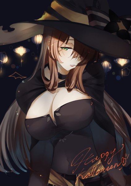 Anime picture 3307x4677 with girls frontline m1903 springfield (girls frontline) nadeshiko (forever-5stars) single long hair tall image looking at viewer blush fringe highres breasts light erotic simple background brown hair large breasts green eyes absurdres cleavage upper body parted lips