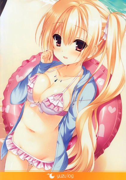 Anime picture 2828x4024 with amairo islenauts yuzusoft shirley warwick any (trueblue) tall image looking at viewer blush fringe highres breasts light erotic blonde hair smile hair between eyes large breasts brown eyes cleavage parted lips open jacket bare belly