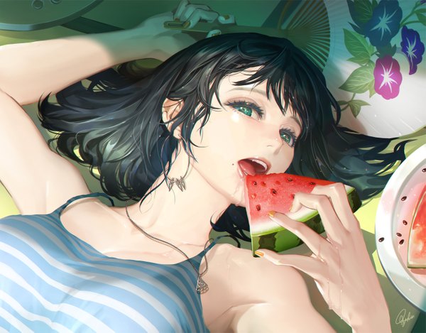 Anime picture 1397x1093 with original tajima yukie single long hair looking at viewer fringe breasts open mouth black hair holding green eyes signed upper body lying nail polish fingernails from above lips realistic mole