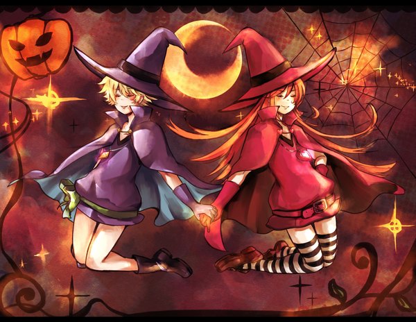 Anime picture 2057x1593 with sugar sugar rune studio pierrot chocolat meilleure vanilla mieux rokusa long hair highres short hair blonde hair smile multiple girls bent knee (knees) eyes closed orange hair sparkle hand on hip holding hands halloween jumping witch