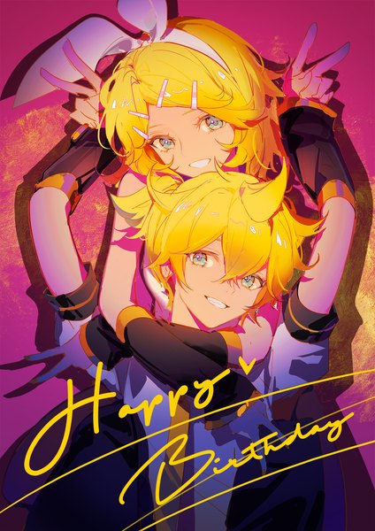 Anime-Bild 1500x2122 mit vocaloid kagamine rin kagamine len indai (3330425) tall image looking at viewer fringe short hair blue eyes blonde hair smile hair between eyes grin victory siblings twins happy birthday brother and sister girl boy