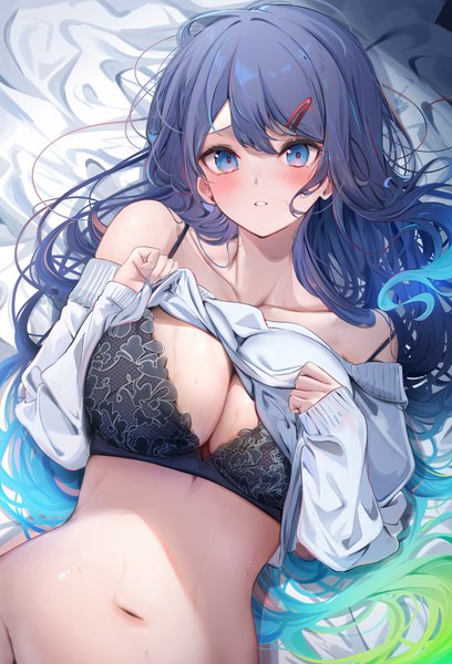 Anime picture 2027x2979 with original natsumi (komupi) komupi1013 single long hair tall image looking at viewer blush fringe highres breasts blue eyes light erotic hair between eyes large breasts blue hair lying long sleeves parted lips head tilt