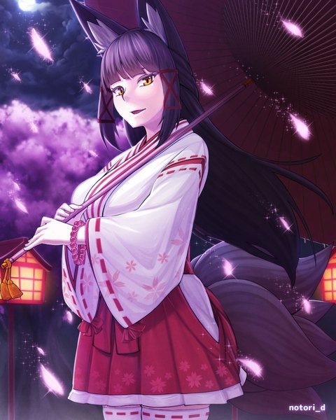 Anime picture 720x900 with original notori d single long hair tall image fringe black hair smile holding signed animal ears yellow eyes payot cloud (clouds) tail blunt bangs traditional clothes parted lips japanese clothes animal tail
