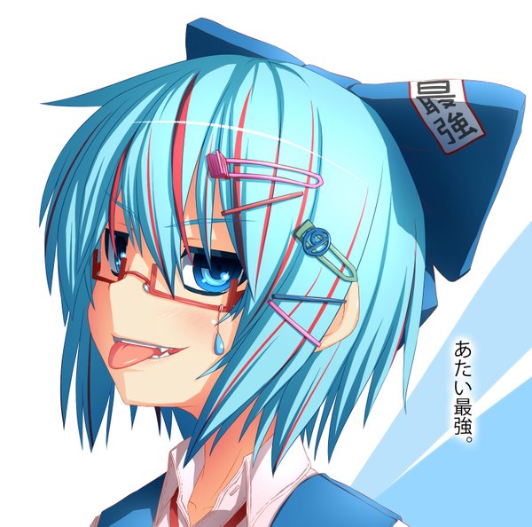 Anime picture 1617x1603 with touhou cirno juugoya (zyugoya) single looking at viewer blush fringe short hair blue eyes simple background smile white background blue hair teeth fang (fangs) face bespectacled girl hair ornament bow