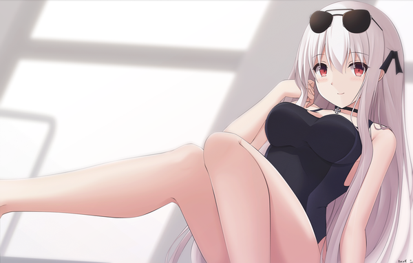 Anime picture 1980x1261 with girls frontline kar98k (girls frontline) keenh single long hair looking at viewer blush fringe highres breasts light erotic smile hair between eyes red eyes large breasts sitting signed payot bent knee (knees) white hair