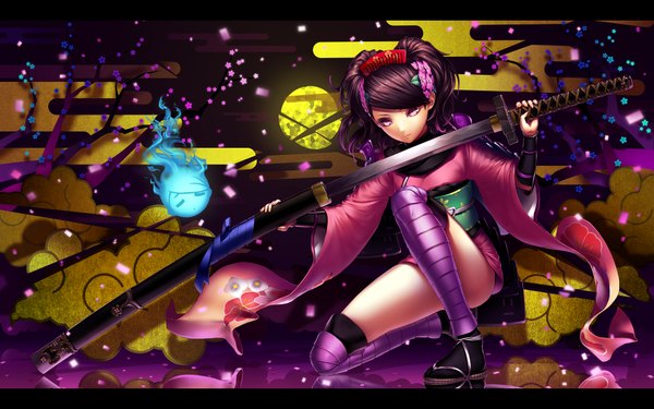 Anime picture 1920x1200 with oboro muramasa (game) vanillaware momohime master-kouhei single looking at viewer highres short hair black hair wide image purple eyes traditional clothes japanese clothes ghost girl thighhighs hair ornament weapon black thighhighs petals