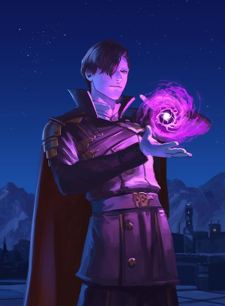 Anime picture 1200x1625 with fire emblem fire emblem: three houses nintendo hubert von vestra redaster8 single tall image fringe short hair black hair standing outdoors light smile hair over one eye night night sky magic looking down popped collar boy