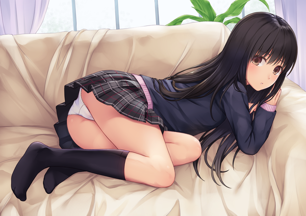 Anime picture 4093x2894 with original n.g. single long hair looking at viewer blush fringe highres light erotic black hair hair between eyes brown eyes absurdres indoors lying plaid skirt revision girl skirt uniform