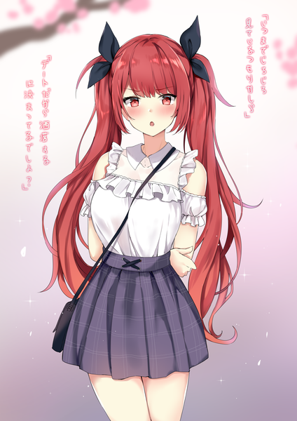 Anime picture 1240x1754 with azur lane honolulu (azur lane) kaetzchen single long hair tall image looking at viewer blush fringe breasts open mouth hair between eyes red eyes standing twintails bare shoulders red hair pleated skirt :o depth of field