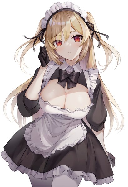 Anime picture 1259x1841 with original metatarou single long hair tall image looking at viewer fringe breasts light erotic simple background blonde hair hair between eyes red eyes large breasts white background cleavage maid two side up girl gloves