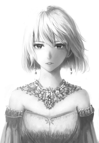 Anime picture 630x903 with original bounin single tall image looking at viewer short hair parted lips monochrome portrait girl bow hair bow detached sleeves earrings necklace