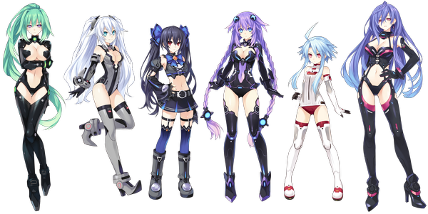 Anime picture 3980x2000 with choujigen game neptune kami jigen game neptune v noire purple heart black heart iris heart green heart white heart tsunako long hair looking at viewer highres short hair breasts blue eyes light erotic red eyes wide image twintails multiple girls