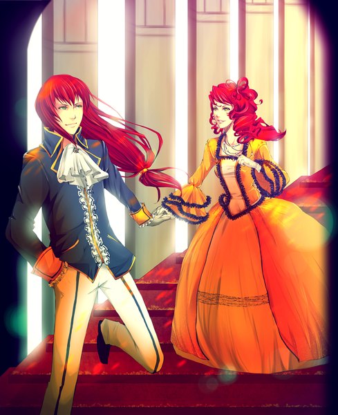 Anime picture 2500x3069 with original uyre long hair tall image highres green eyes red hair couple holding hands drill hair girl dress boy gloves suit stairs neckerchief