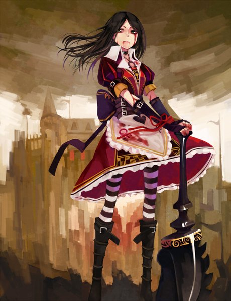 Anime picture 1055x1375 with american mcgee's alice (game) alice: madness returns alice (american mcgee's) hao (patinnko) single long hair tall image black hair green eyes girl dress weapon pantyhose boots blood striped pantyhose