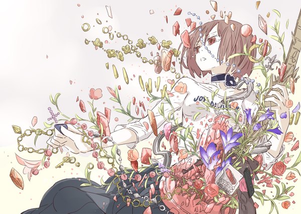 Anime picture 1488x1061 with original arakawa (aintnoroom) single short hair red eyes brown hair white background tears girl skirt flower (flowers) plant (plants) jewelry guitar