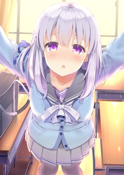 Anime picture 1536x2168 with original yukimochi kinako single long hair tall image looking at viewer blush fringe breasts open mouth hair between eyes standing purple eyes pink hair indoors braid (braids) pleated skirt from above sunlight arms up