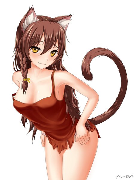 Anime picture 1100x1450 with everlasting summer iichan eroge uvao-tan yulya (everlasting summer) m da ghoul228 single long hair tall image looking at viewer fringe breasts light erotic simple background hair between eyes brown hair white background signed animal ears yellow eyes tail