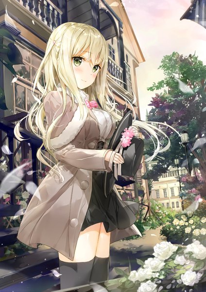 Anime picture 735x1040 with original fuumi (radial engine) single long hair tall image blush blonde hair green eyes looking away open jacket girl thighhighs dress flower (flowers) black thighhighs hat petals jacket