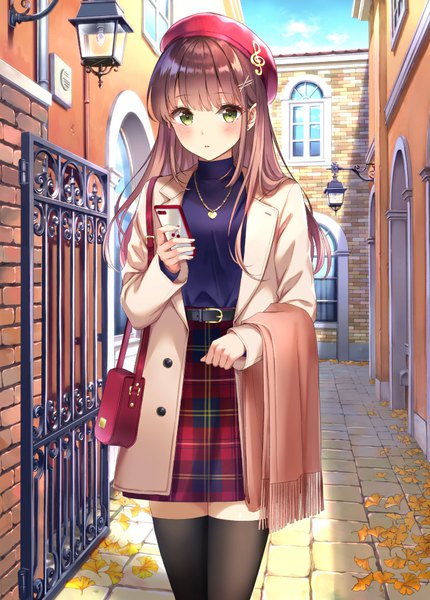 Anime picture 717x1000 with original yumesaki single long hair tall image looking at viewer blush fringe brown hair standing holding green eyes payot sky cloud (clouds) outdoors blunt bangs parted lips fingernails open clothes