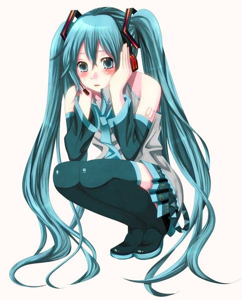 Anime picture 1300x1613 with vocaloid hatsune miku maccha single tall image blush simple background white background twintails bare shoulders full body very long hair aqua eyes aqua hair tears squat girl detached sleeves