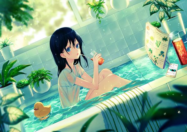 Anime picture 1200x848 with original achiki single long hair looking at viewer blush fringe open mouth blue eyes light erotic black hair hair between eyes holding indoors wet partially submerged drinking wet t-shirt girl plant (plants)