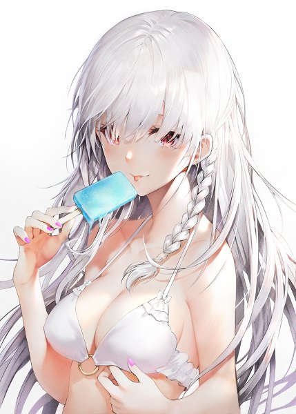 Anime picture 858x1200 with original iori (cpeilad) single long hair tall image looking at viewer blush fringe breasts light erotic simple background red eyes white background bare shoulders holding cleavage silver hair upper body braid (braids) nail polish