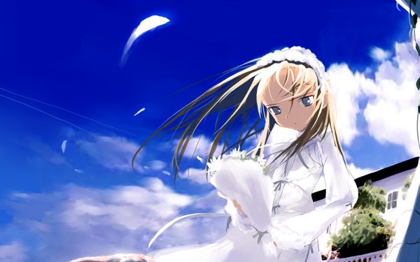 Anime picture 1920x1200 with original kusaka souji single long hair highres blue eyes blonde hair wide image sky cloud (clouds) long sleeves wind looking down girl dress flower (flowers) white dress bouquet
