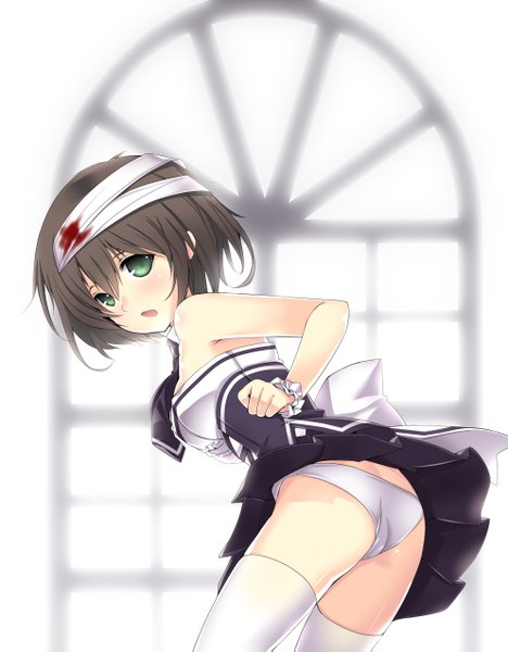 Anime picture 1988x2549 with sword girls kuro (kuronell) single tall image highres short hair open mouth light erotic black hair bare shoulders green eyes sleeveless girl thighhighs underwear panties white thighhighs blood bandage (bandages)
