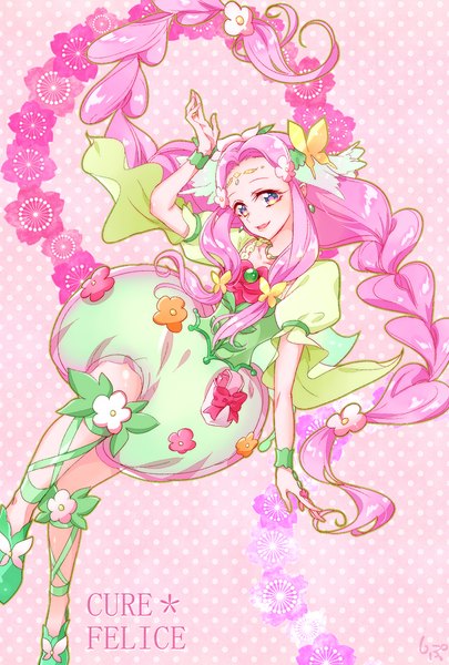 Anime picture 1377x2039 with precure mahou girls precure! toei animation hanami kotoha cure felice shipu (gassyumaron) single long hair tall image pink hair braid (braids) pink eyes puffy sleeves character names twin braids pink background polka dot magical girl polka dot background girl