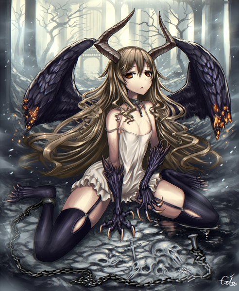 Anime picture 1000x1220 with original gia single long hair tall image looking at viewer fringe breasts light erotic hair between eyes brown hair sitting brown eyes cleavage full body outdoors horn (horns) no shoes thighs wariza