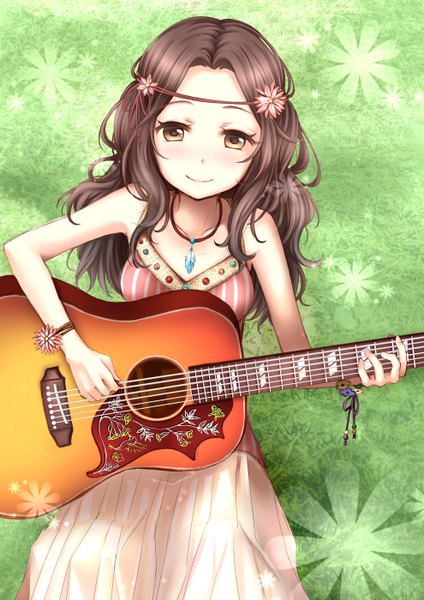 Anime picture 990x1400 with original youme single long hair tall image looking at viewer blush smile brown hair brown eyes wavy hair girl dress guitar