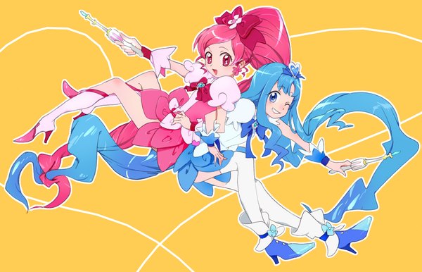 Anime picture 1871x1204 with precure heartcatch precure! toei animation kurumi erika hanasaki tsubomi cure blossom cure marine kaisen highres open mouth blue eyes simple background multiple girls blue hair pink hair bent knee (knees) ponytail very long hair one eye closed pink eyes