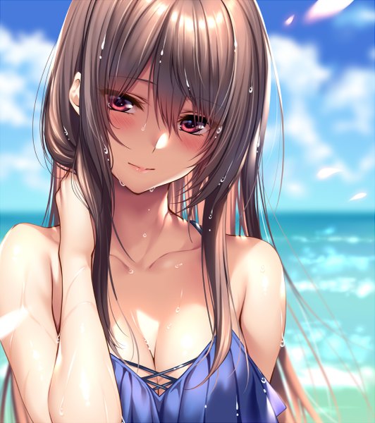 Anime picture 1065x1200 with hanikami kanojo minazumi kasane piromizu single long hair tall image looking at viewer blush fringe breasts hair between eyes red eyes brown hair payot sky cleavage cloud (clouds) outdoors blurry wet