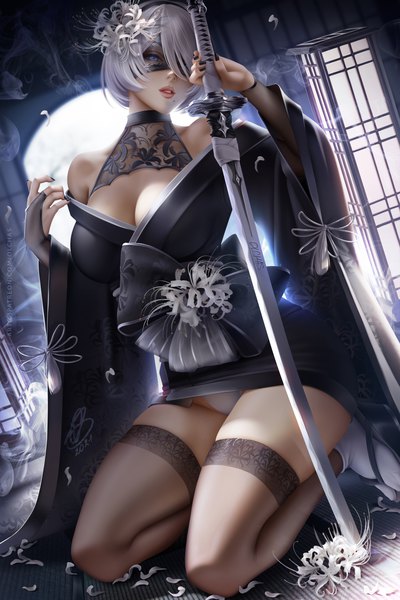 Anime picture 3000x4500 with nier nier:automata yorha no. 2 type b olchas single tall image looking at viewer fringe highres short hair breasts blue eyes light erotic large breasts sitting holding signed cleavage silver hair bent knee (knees)