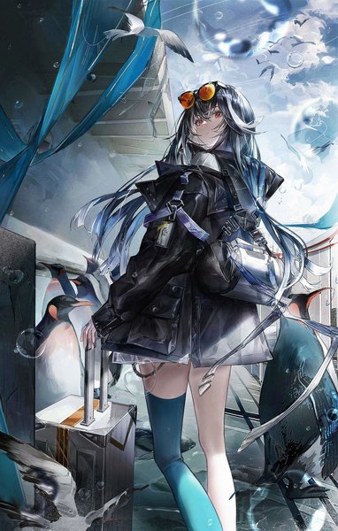 Anime picture 2000x3145 with original et atr3 single long hair tall image fringe highres black hair hair between eyes red eyes looking away outdoors looking back sunglasses on head girl thighhighs animal bird (birds) sunglasses single thighhigh