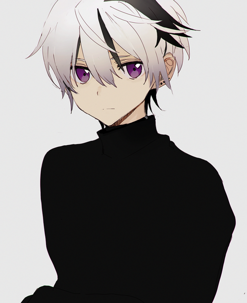 Anime picture 776x952 with vocaloid flower (vocaloid) v flower (vocaloid4) hirota tsuu single tall image looking at viewer fringe short hair simple background hair between eyes purple eyes upper body multicolored hair grey hair grey background two-tone hair streaked hair piercing ear piercing