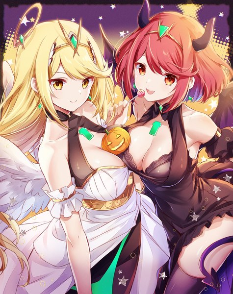Anime picture 1560x1970 with xenoblade xenoblade 2 pyra (xenoblade) mythra (xenoblade) ui frara long hair tall image breasts light erotic blonde hair smile large breasts multiple girls yellow eyes cleavage red hair tail horn (horns) orange eyes halloween