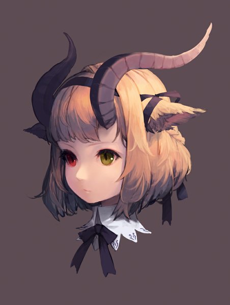 Anime picture 827x1098 with original junwool single tall image fringe short hair blonde hair simple background animal ears looking away horn (horns) heterochromia brown background girl ribbon (ribbons) hair ribbon