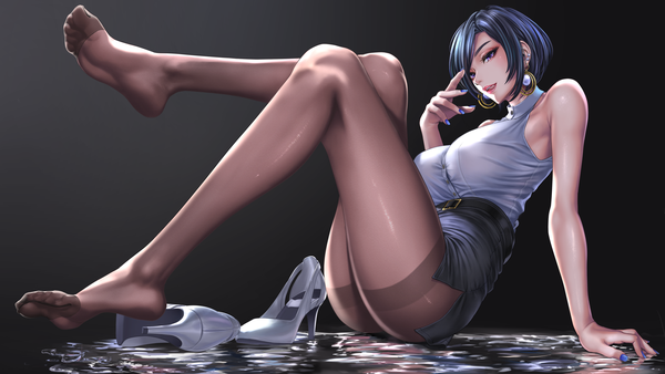 Anime picture 5120x2880 with original sadakage single looking at viewer blush fringe highres short hair breasts open mouth light erotic black hair simple background smile wide image large breasts sitting purple eyes payot absurdres