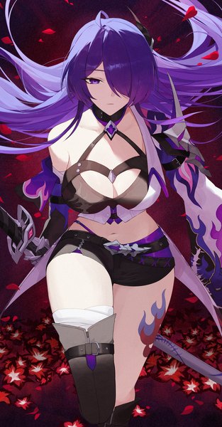 Anime picture 1250x2400 with honkai: star rail honkai (series) acheron (honkai: star rail) weimiaw single long hair tall image looking at viewer fringe breasts light erotic large breasts standing purple eyes bare shoulders holding purple hair lying hair over one eye midriff