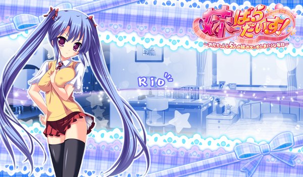 Anime picture 1024x600 with imouto paradise! nanase rio single long hair wide image purple eyes twintails blue hair game cg hand on hip girl thighhighs black thighhighs serafuku