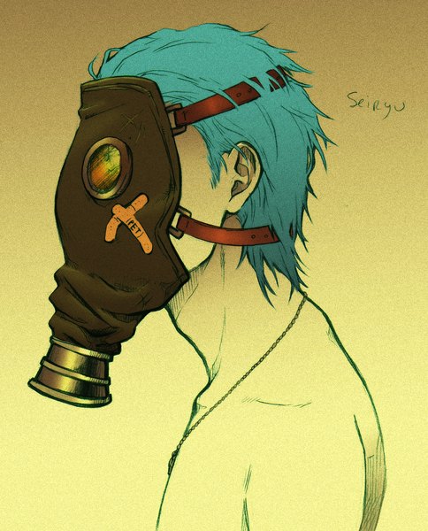 Anime picture 1344x1665 with original samurai-pet single tall image short hair simple background signed aqua hair topless yellow background boy mask gas mask