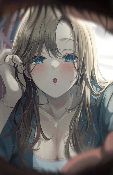 Anime picture 1294x2000 with original gongha long hair tall image looking at viewer blush fringe breasts open mouth blue eyes blonde hair hair between eyes cleavage upper body nail polish fingernails blurry :o solo focus pov